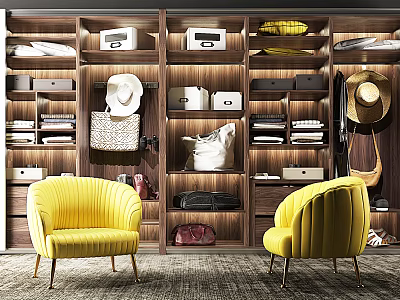 Modern Wooden Wardrobe with Storage Shelves Hats Bags Shoes and Yellow Armchairs 3d model