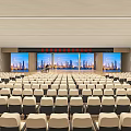 Large Modern Conference Room Interior Design With Tiered Seating And Projector Screen