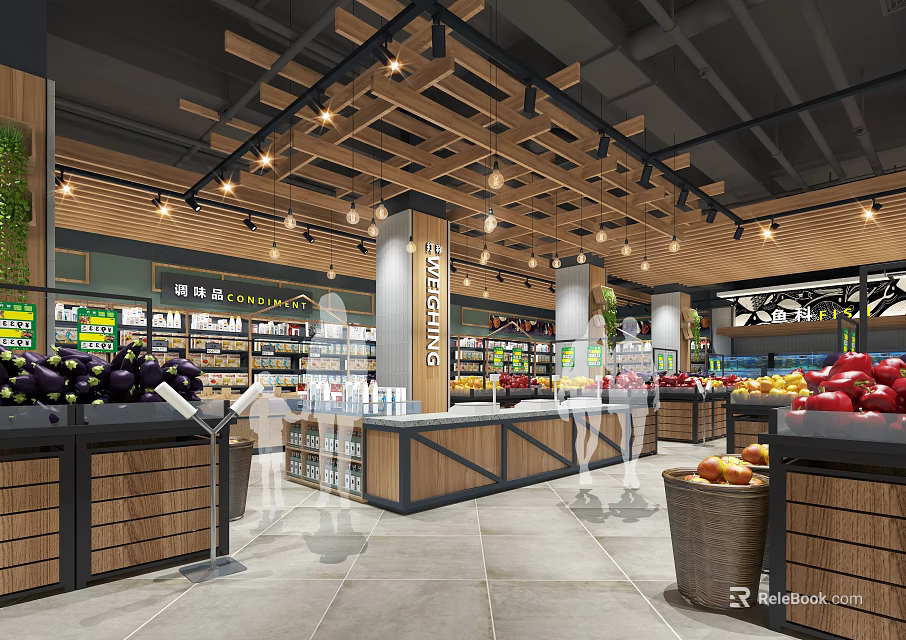 Modern Supermarket Interior With Fresh Fruits Vegetables Customers Shopping Well Lit Layout 3d model 