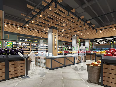 Modern Supermarket Interior With Fresh Fruits Vegetables Customers Shopping Well Lit Layout 3d model
