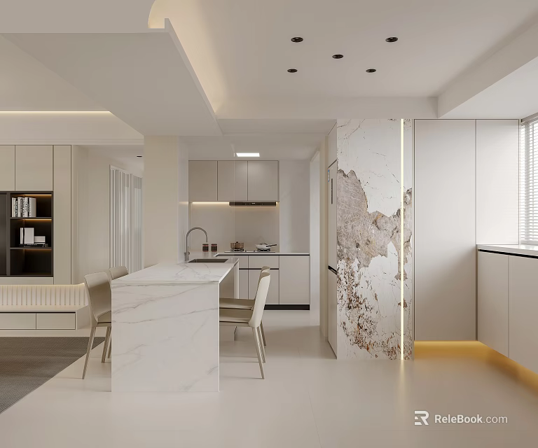 Modern Restaurant Interior With White Cabinets Pendant Lighting And Marble Dining Table 3d model