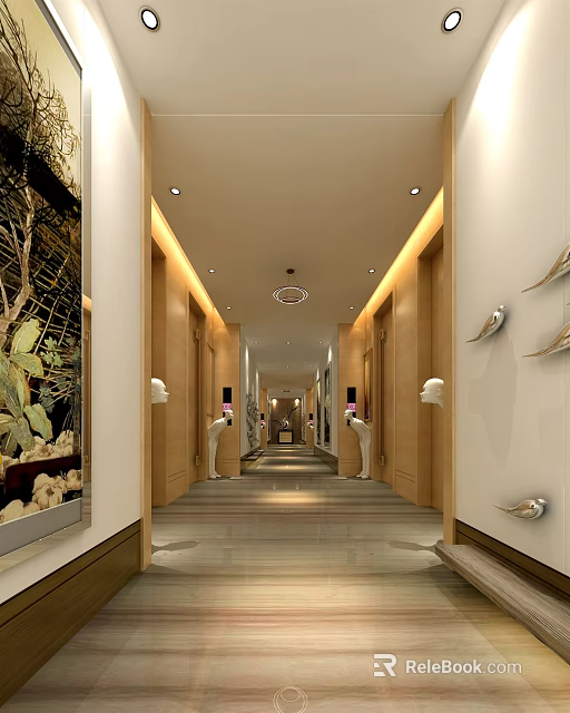 Modern Elevator Hallway Design With Wooden Walls Circular Chandelier And Decorative Sculptures 3d model 