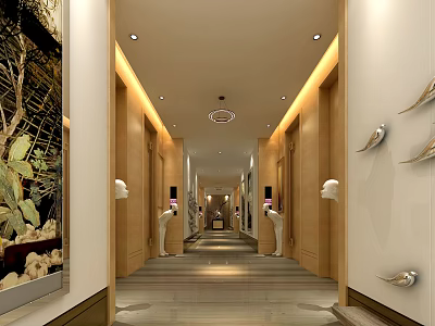 Modern Elevator Hallway Design With Wooden Walls Circular Chandelier And Decorative Sculptures 3d model