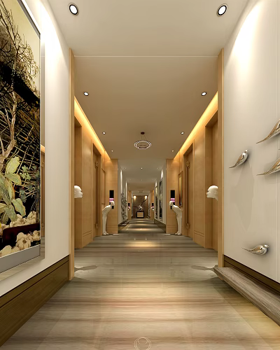Modern Elevator Hallway Design With Wooden Walls Circular Chandelier And Decorative Sculptures 3d model
