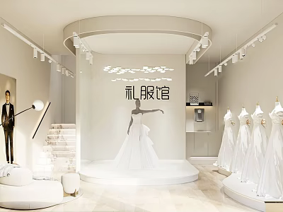 Elegant Bridal Shop Interior Featuring White Wedding Dresses And Mannequin 3d model