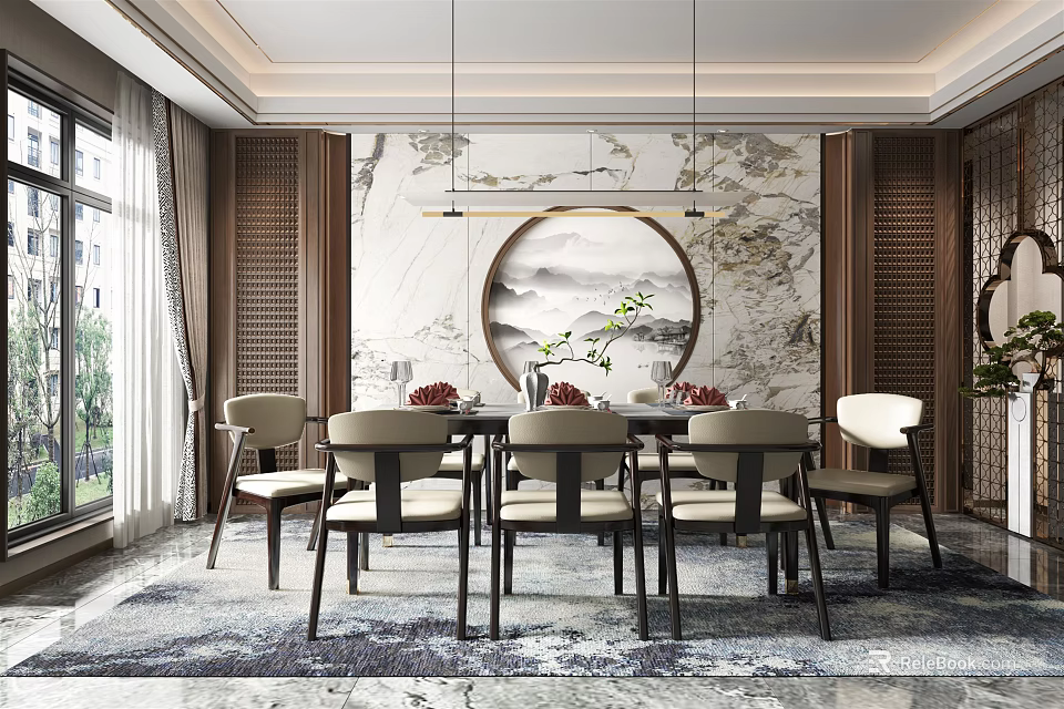 Elegant Restaurant Interior Featuring Dining Table Chairs Circular Wall Art Pendant Lights And Large Windows 3d model