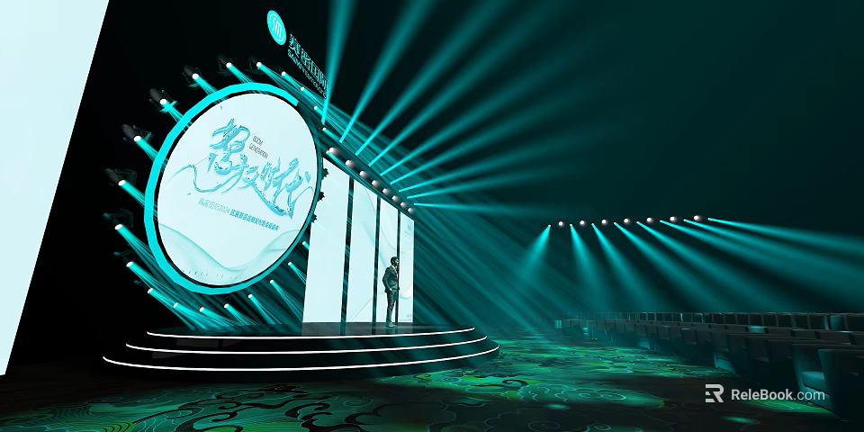 Modern Tech Stage With Circular Screen Green Lighting Effects Stepped Platform And Person Standing Center 3d model 