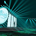 Modern Tech Stage With Circular Screen Green Lighting Effects Stepped Platform And Person Standing Center