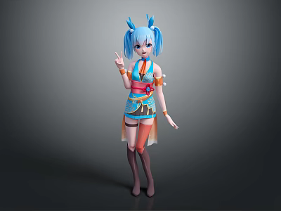 Game and Movie Character With Blue Hair Horns Blue Orange Outfit Peace Sign Gesture 3d model