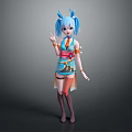 Game and Movie Character With Blue Hair Horns Blue Orange Outfit Peace Sign Gesture