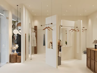 Minimalist Modern Clothing Store Interior With Hanging Racks Mirrors And Wooden Display Cabinets 3d model