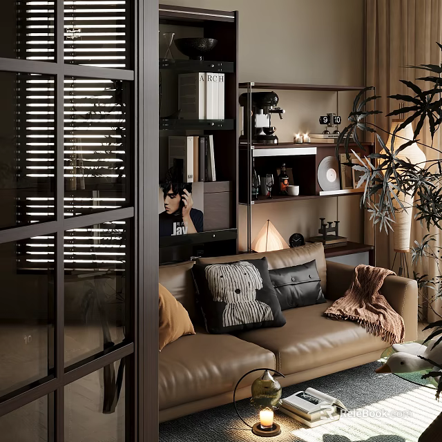 Warm Modern Living Room Interior With Brown Leather Sofa Geometric Cushions Green Plants And Bookshelf 3d model 