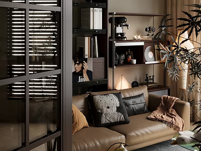 Warm Modern Living Room Interior With Brown Leather Sofa Geometric Cushions Green Plants And Bookshelf 3d model