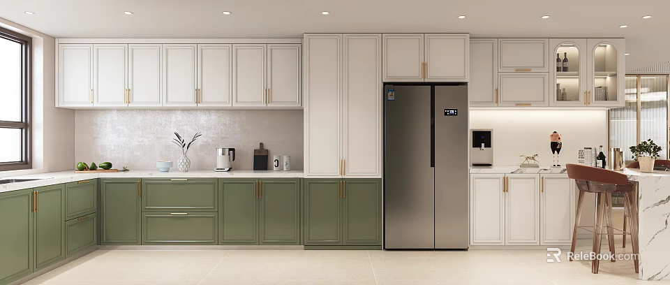 Modern Dining Kitchen Interior With White And Green Cabinets Silver Refrigerator Countertop Coffee Maker Vase 3d model 