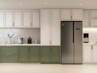 Modern Dining Kitchen Interior With White And Green Cabinets Silver Refrigerator Countertop Coffee Maker Vase 3d model