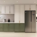 Modern Dining Kitchen Interior With White And Green Cabinets Silver Refrigerator Countertop Coffee Maker Vase