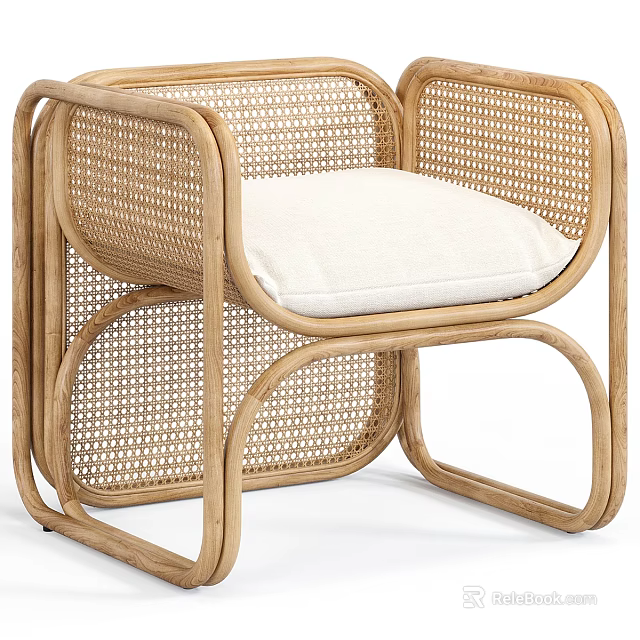 Modern Natural Rattan Woven Single Sofa With Soft White Cushion Ideal For Cozy Living Space 3d model 