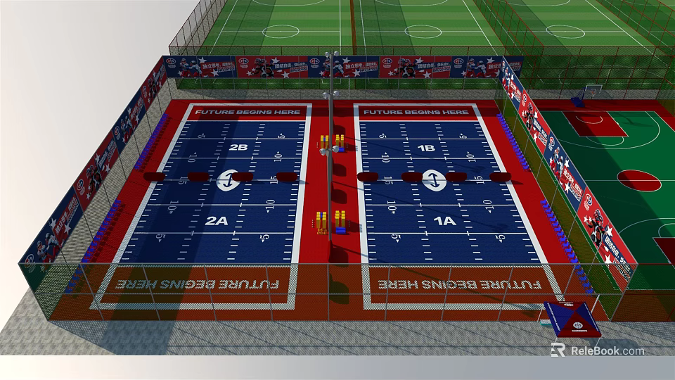 Indoor Athletic Training Facility With Two Blue Sports Fields And Fenced Surroundings 3d model 