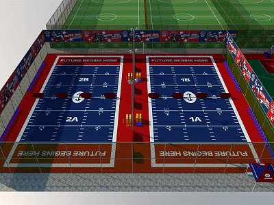 Indoor Athletic Training Facility With Two Blue Sports Fields And Fenced Surroundings 3d model