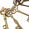 Vintage Golden Skeleton Keys Hanging On Decorative Ring With Ornate Patterns