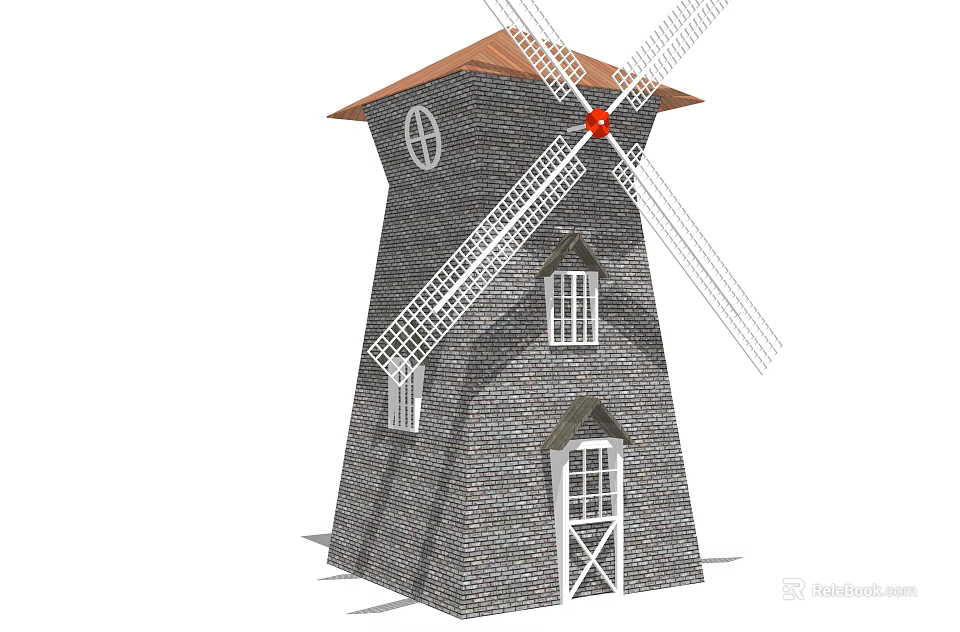 Traditional Windmill Building With Brick Structure Red Roof And White Blades 3d model 