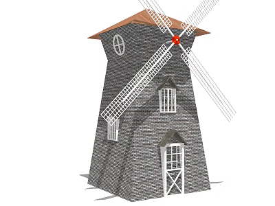 Traditional Windmill Building With Brick Structure Red Roof And White Blades 3d model