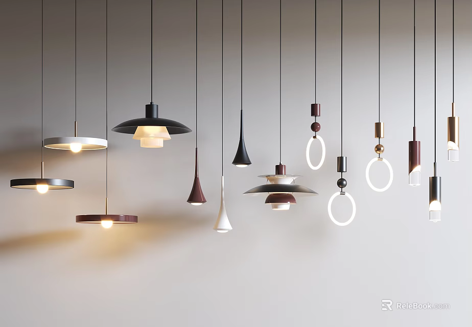 Modern Interior Lighting Combinations with Various Hanging Pendant Lamps Different Shapes and Colors 3d model 