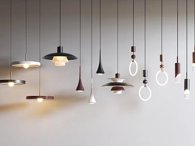 Modern Interior Lighting Combinations with Various Hanging Pendant Lamps Different Shapes and Colors 3d model