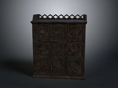 Antique Carved Wooden Cabinet With Intricate Patterns And Lattice Top Design 3d model