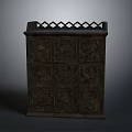 Antique Carved Wooden Cabinet With Intricate Patterns And Lattice Top Design