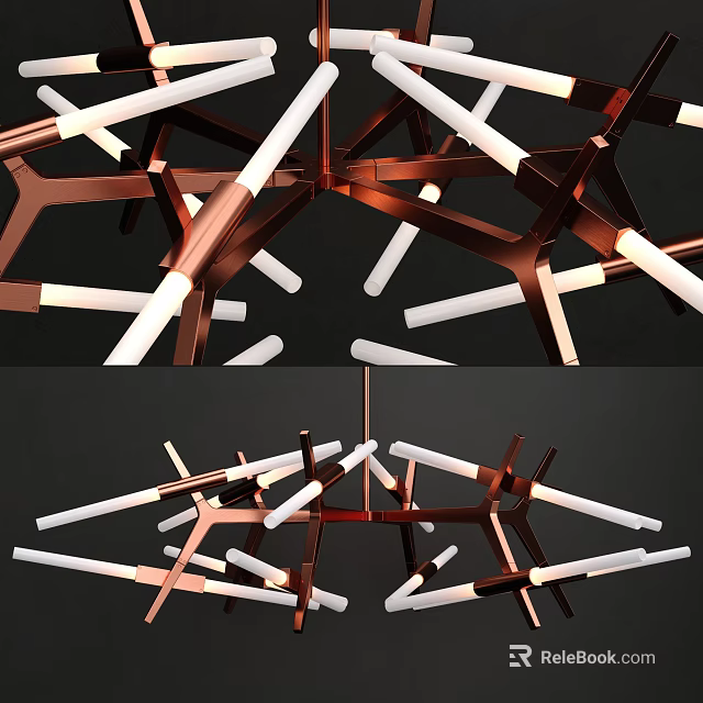 Modern Geometric Copper Frame Chandelier Featuring White LED Light Tubes Contemporary Design 3d model