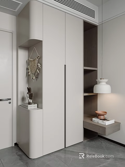 Modern Wardrobe Design With Macramé Hanging Shelves Ceramic Lamp And Stacked Books 3d model 