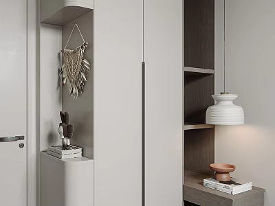 Modern Wardrobe Design With Macramé Hanging Shelves Ceramic Lamp And Stacked Books 3d model