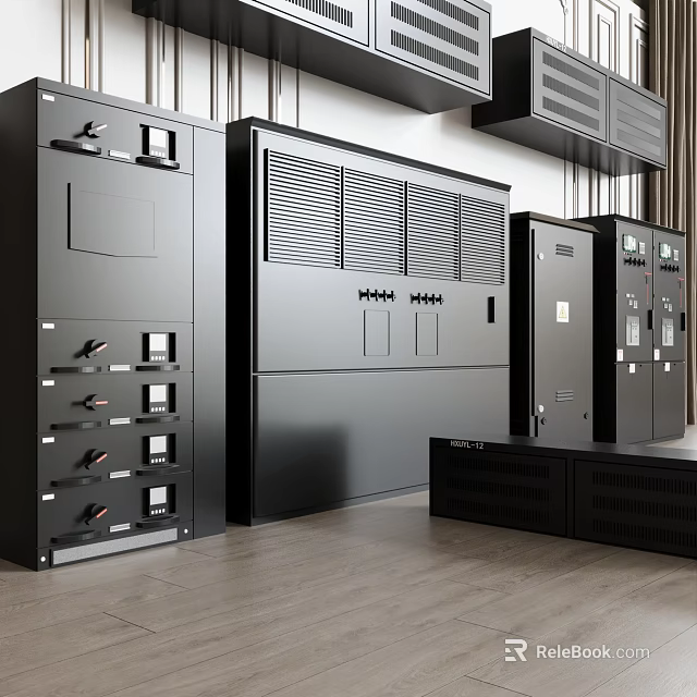 Black Industrial Equipment Cabinets With Control Panels And Ventilation Grilles in Organized Industrial Facility 3d model 