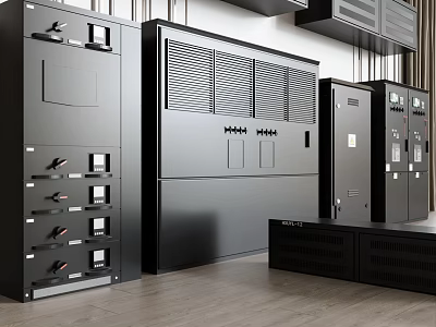 Black Industrial Equipment Cabinets With Control Panels And Ventilation Grilles in Organized Industrial Facility 3d model
