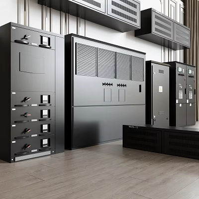 Black Industrial Equipment Cabinets With Control Panels And Ventilation Grilles in Organized Industrial Facility 3d model
