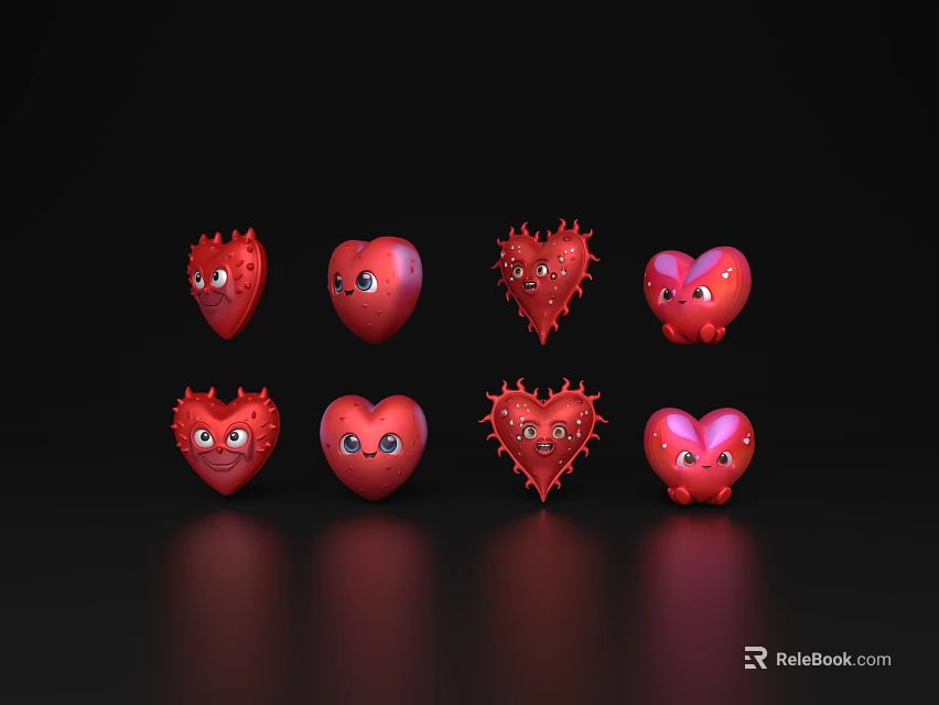 Cute Red Heart Shaped Decorative Ornament Set with Eyes and Various Designs 3d model 