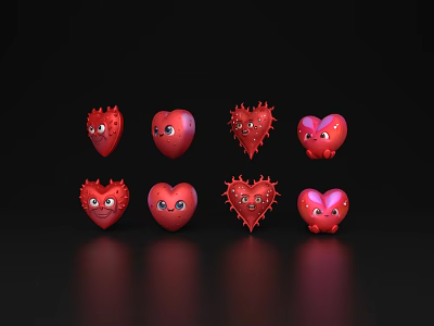 Cute Red Heart Shaped Decorative Ornament Set with Eyes and Various Designs 3d model