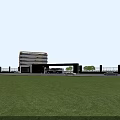 Modern Office Building With Curved Glass Facade And Green Lawn Surroundings Under Blue Sky
