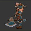 Muscular Male Character With Red Hair Shirtless Torso Blue Bracers Brown Belt And Ornate Weapon