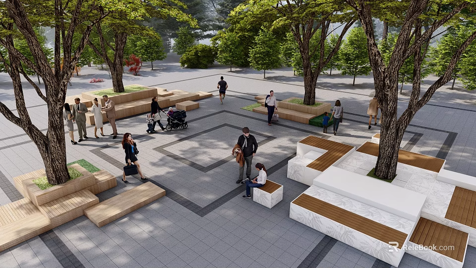 Outdoor Landscape Seating In Urban Plaza With Trees And Modern Design For Public Relaxation 3d model 