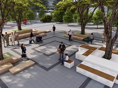Outdoor Landscape Seating In Urban Plaza With Trees And Modern Design For Public Relaxation 3d model