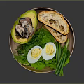 Healthy Avocado Dish With Fish Boiled Eggs Bread And Fresh Greens