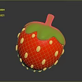 3D Red Strawberry With Green Leaves And Yellow Seeds On Gray Background