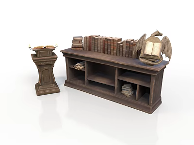Vintage Wooden Bookshelf With Eagle Decor Stacked Books And Candle Holder 3d model