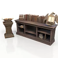 Vintage Wooden Bookshelf With Eagle Decor Stacked Books And Candle Holder