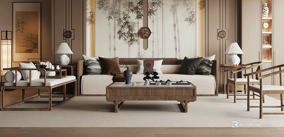 Chinese Style Sofa Coffee Table Set With Plush Cushions Bamboo Pattern Wall Art Decorative Pillows 3d model