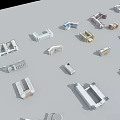 Various School Building Models with Different Architectural Designs Scattered on Gray Surface 3d model