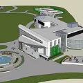 Modern Commercial Complex With Glass Facade Entrance Plaza And Green Landscaping