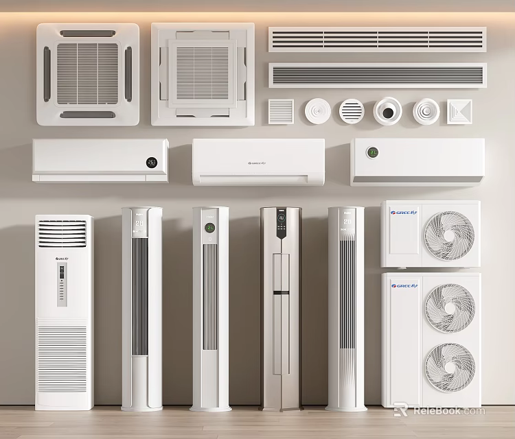 Various Types of Air Conditioners and Fans Including Ceiling Wall and Standing Units 3d model 